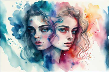 Female twin faces watercolor drawing on white background