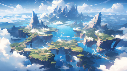 Fantasy alien planet. Mountain and lake. 3D gaming illustration.