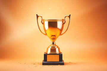 Gold trophy best champion award on success prize winner 3d background with golden reward victory competition cup or leadership achievement goal object, Generative AI