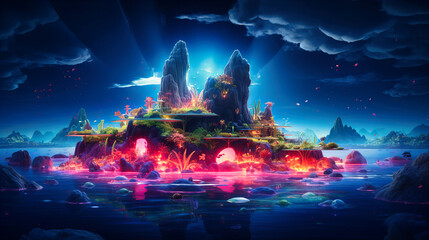 n archipelago of neon islands, floating in a luminescent sea
