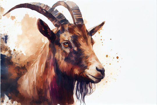 Billy goat portrait on white background. Watercolor painting