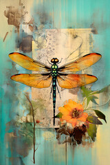 Collage art, dragon-fly, collage style mixed media style, stencil graffiti, multi-layered textures, babycore, blink-to-miss detail, french realism, catcore