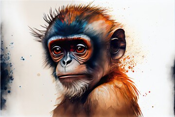 Monkey portrait on white background. Watercolor painting. Medium shot.