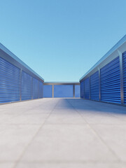 Storage units in a corridor with blue shutters. Warehouse hangar external. 3d illustration 8k