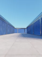 Foto op Plexiglas Storage units in a corridor with blue shutters. Warehouse hangar external. 3d illustration 8k © Andrea Rosati