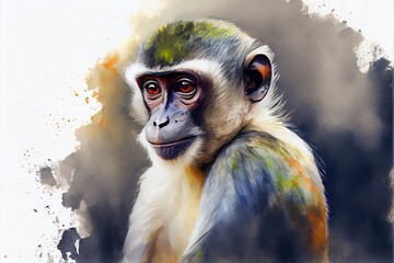 Monkey portrait on splash background. Watercolor painting.