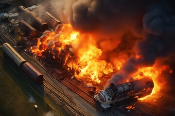 Aerical top view of a train derailed exploding with fire and smoke. Tanks burning fire with pesticides. Wagons freight train carrying hazardous substances derailed. Concept technogenic disaster.
