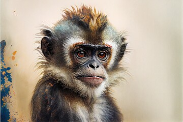 Baby primate on beige background. Watercolor painting.