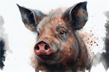 Pig head portrait with paint splash. Watercolor illustration.