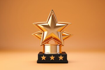 Gold five star rating trophy success award symbol on achievement 3d background of best customer feedback review winner prize or golden victory premium, Generative AI