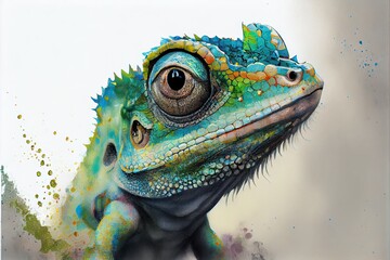 Small green lizard head. Watercolor illustration.