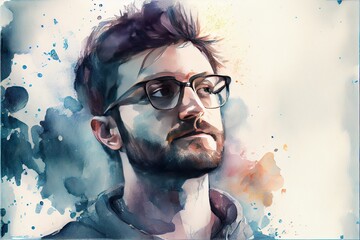 Man with glasses watercolor portrait