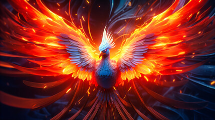 Neon phoenix rising, its feathers shedding radiant light - obrazy, fototapety, plakaty
