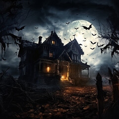 Fototapeta na wymiar Horror halloween haunted house in creepy night forest with bats