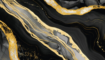 Abstract black and gold ink vector art background for cover design, card, flyer, poster and design Hand drawn vector. Fluid art Monochrome watercolour backdrop Black stone Marble