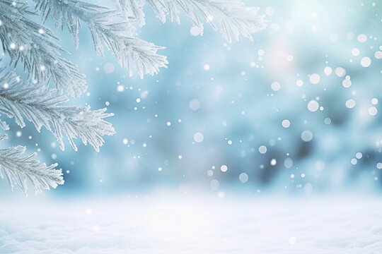 Beautiful winter background image of frosted spruce branches and small drifts of pure snow with bokeh Christmas lights and space for text, Generative AI