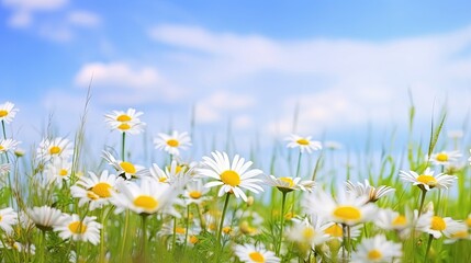Many daisies in the field in green grass in wind against blue sky with clouds.  Natural landscape with wild meadow flowers, wide format, copy space, Generative AI