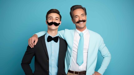 Father and son with mustaches over blue background for Movember.