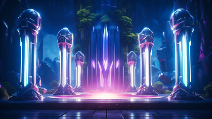 Neon pillars holding up an abstract temple of light - obrazy, fototapety, plakaty