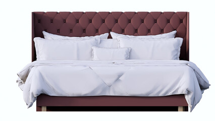 front view double bed with pillows, red color and white background