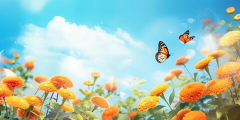 Fototapeta na wymiar Bright colorful summer spring flower border. Natural landscape with many orange lantana flowers and fluttering butterflies Lycaena phlaeas against blue sky on sunny, Generative AI