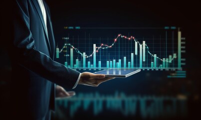 Businessman holding stock tablet and market economy graph statistic showing growth of profit analyzing financial exchange on increase money background with trade chart finance data, Generative AI