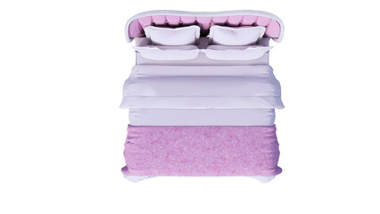 top view double bed with pillows, pink and white color and white background