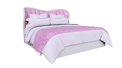 3d view double bed with pillows, pink and white color and white background