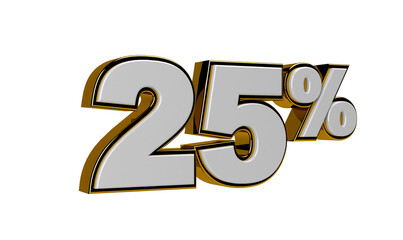 3D Render Percentage number 25% white and gold color sale discount, sale product, report, progress, transparent