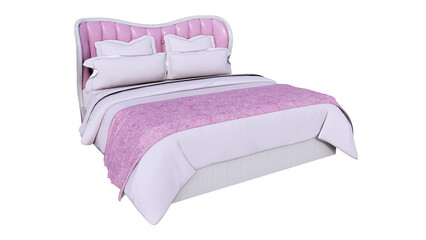 3d view double bed with pillows, pink and white color and white background