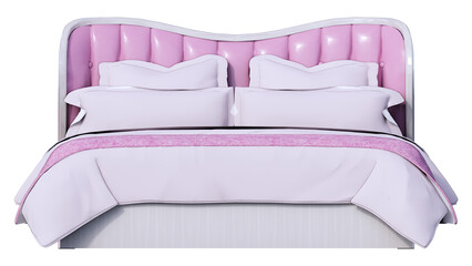 front view double bed with pillows, pink and white color and white background