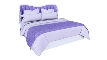 3d view double bed with pillows, purple and white color and white background