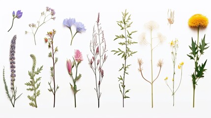 Set of wild flowers, flowering grass, natural field plants, color floral elements, beautiful decorative floral composition isolated on white background, macro, flat lay, top, Generative AI