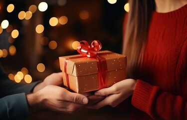 On Valentine's Day, a young couple sits at a restaurant table and the man gives a gift box to the young woman. The close-up shot has a selective focus. Generative AI