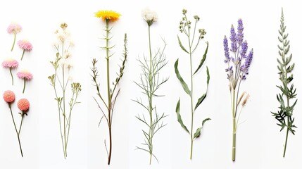 Set of wild flowers, flowering grass, natural field plants, color floral elements, beautiful decorative floral composition isolated on white background, macro, flat lay, top, Generative AI
