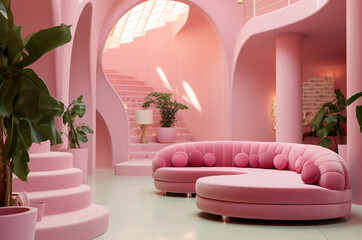 Pink interior. Doll house. Glamor house, pink interior design. barbiecore house, pink interior design. Generative Ai