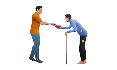 Pictures of a generous man giving money to a beggar. Suitable for social media with the theme of community behavior, social care, generosity, stinginess, alms. 3D Renders