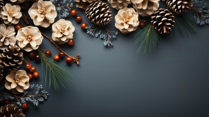 Christmas background with fir branches, pine cones and empty space. AI generated