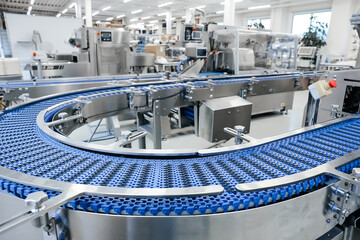 Empty modern conveyor belt of production line, part of industrial equipment in factory plant....