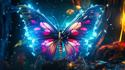 Neon chrysalis transforming into radiant abstract butterflies - obrazy, fototapety, plakaty