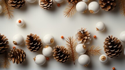 Christmas background with pine cones and decorations. AI generated