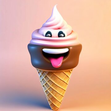 3D Illustration of a Cheerful Ice Cream Cone with a Face