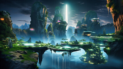 Neon dreamscape with floating islands and radiant waterfalls