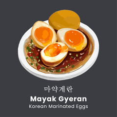 Mayak Gyeran is Korean Marinated Eggs with soy sauce, chili, garlic, honey, water, spring onion and sesame seed. Hand drawn watercolor vector illustration.