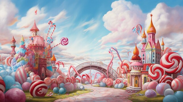  a painting of a castle with candy land in the background.  generative ai
