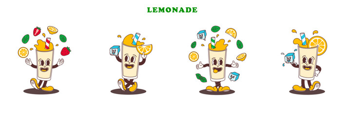 Set of characters classic and strawberry Lemonade with mint leaves and ice cubes in comic cartoon style on transparent background. Isolated vector illustration hand drawing of funny mascot