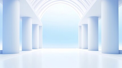 Beautiful airy widescreen minimalistic white and light blue architectural background banner with tilted columns. AI generated, Generative AI