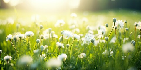 Summer spring  beautiful natural scenery. Blooming lush green grass in meadow outdoors. Small fluffy flowers in grass on nature, close-up, Generative AI