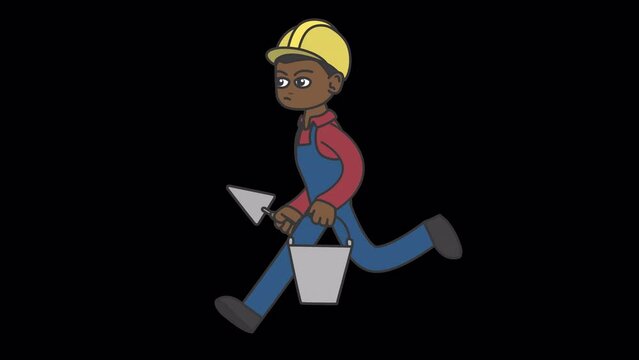Black male builder in a hard hat runs holding a spatula and a bucket. Looped 4K video with alpha-channel.