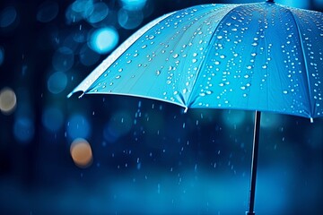 Beautiful blue umbrella close-up against the background of rain. AI generated, Generative AI